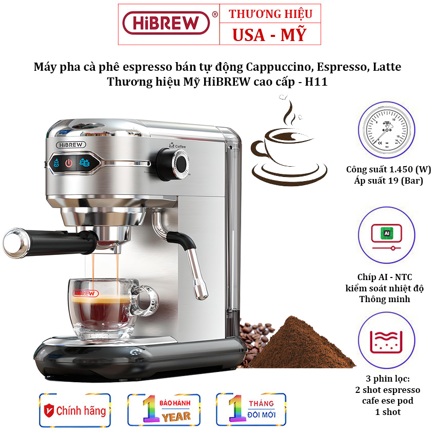 Máy pha cà phê espresso bán tự động, thương hiệu Mỹ HiBREW HÀNG CHÍNH HÃNG (Bảo hành chính hãng 1 năm) - H11