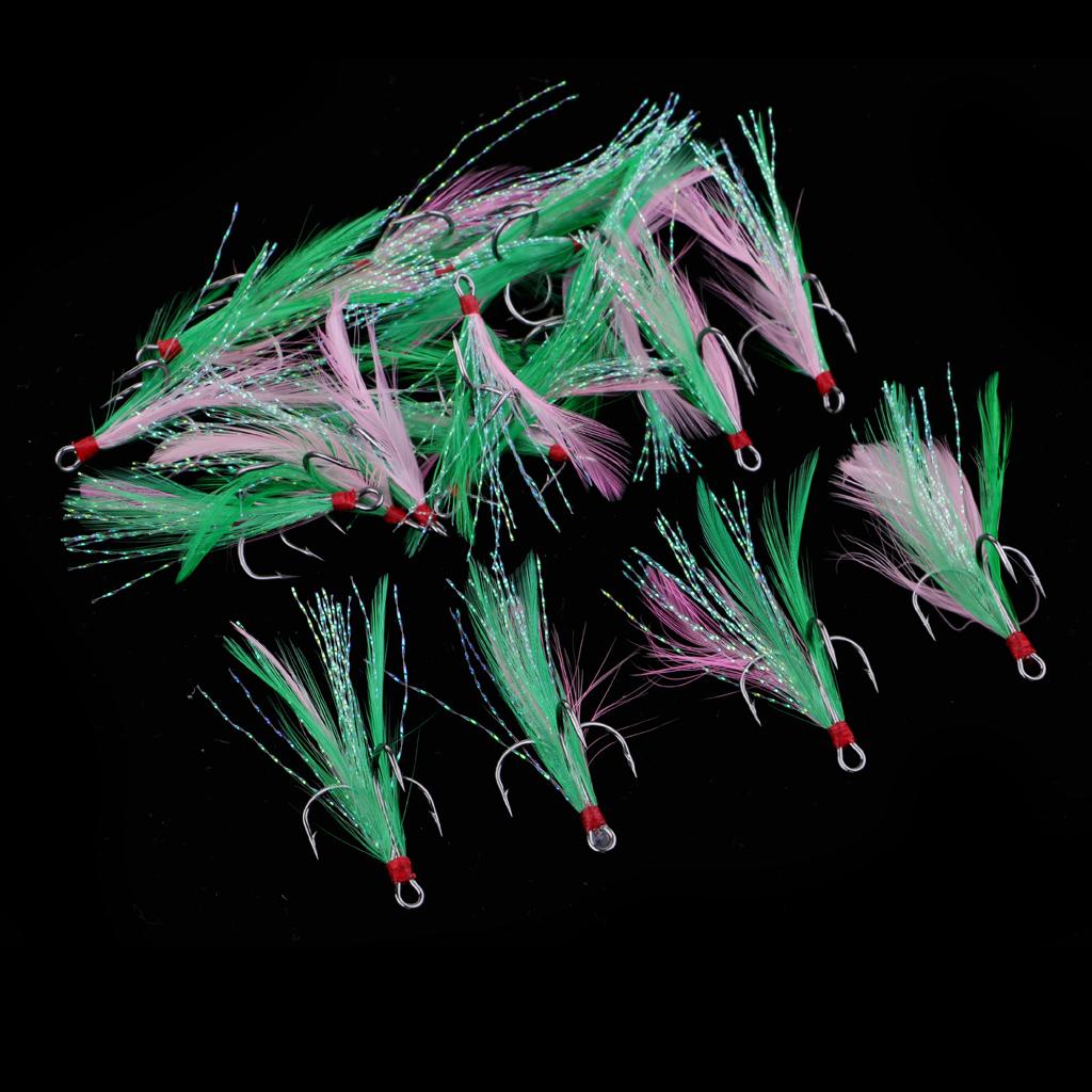 20pcs Feather Fishing Hooks Treble Barbed Squid Fly Tying Lures Baits