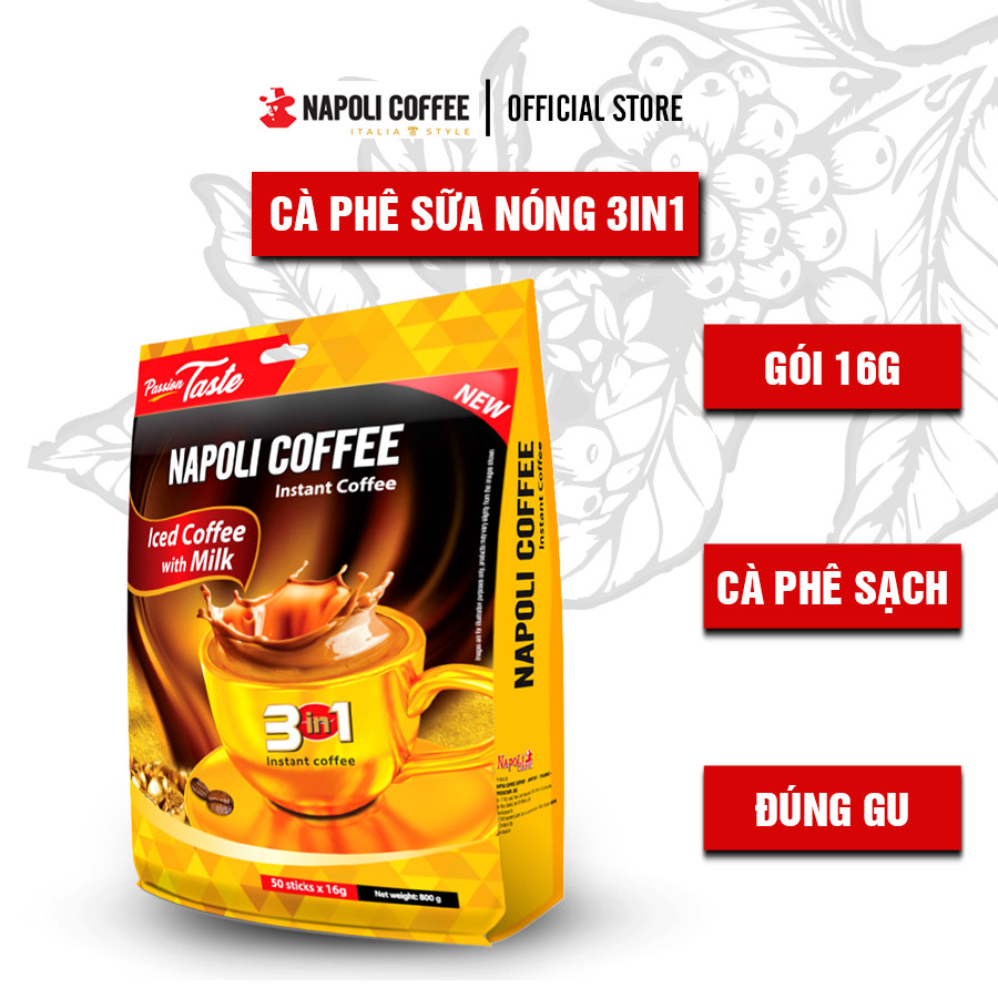 Cà Phê 3IN1 Sữa Nóng Napoli Coffee (50 gói x 16g)- Cafe Từ Arabica/Robusta Hạt SẠCH- TÚI LỚN