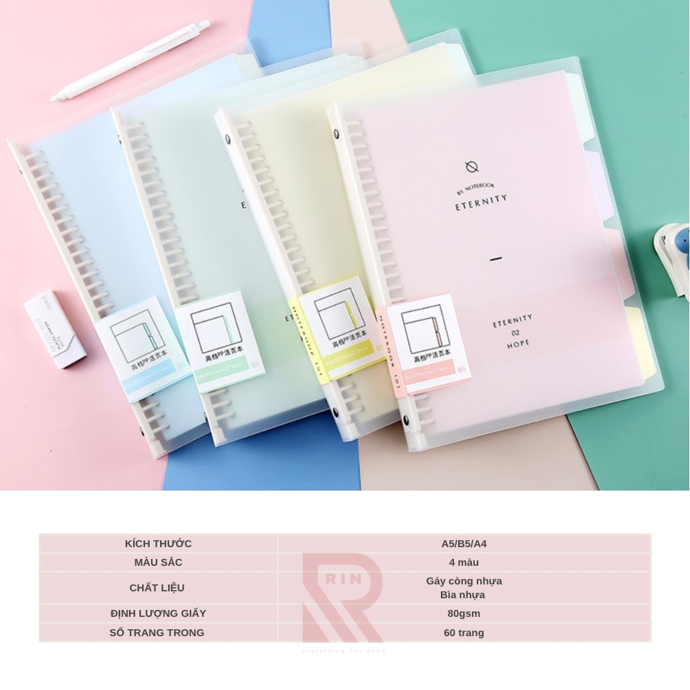 Sổ Tay Ghi Chép Gáy còng nhựa / Binder Gáy Lò Xo ghi chép 120 Trang - Màu Pastel - Có kèm giấy