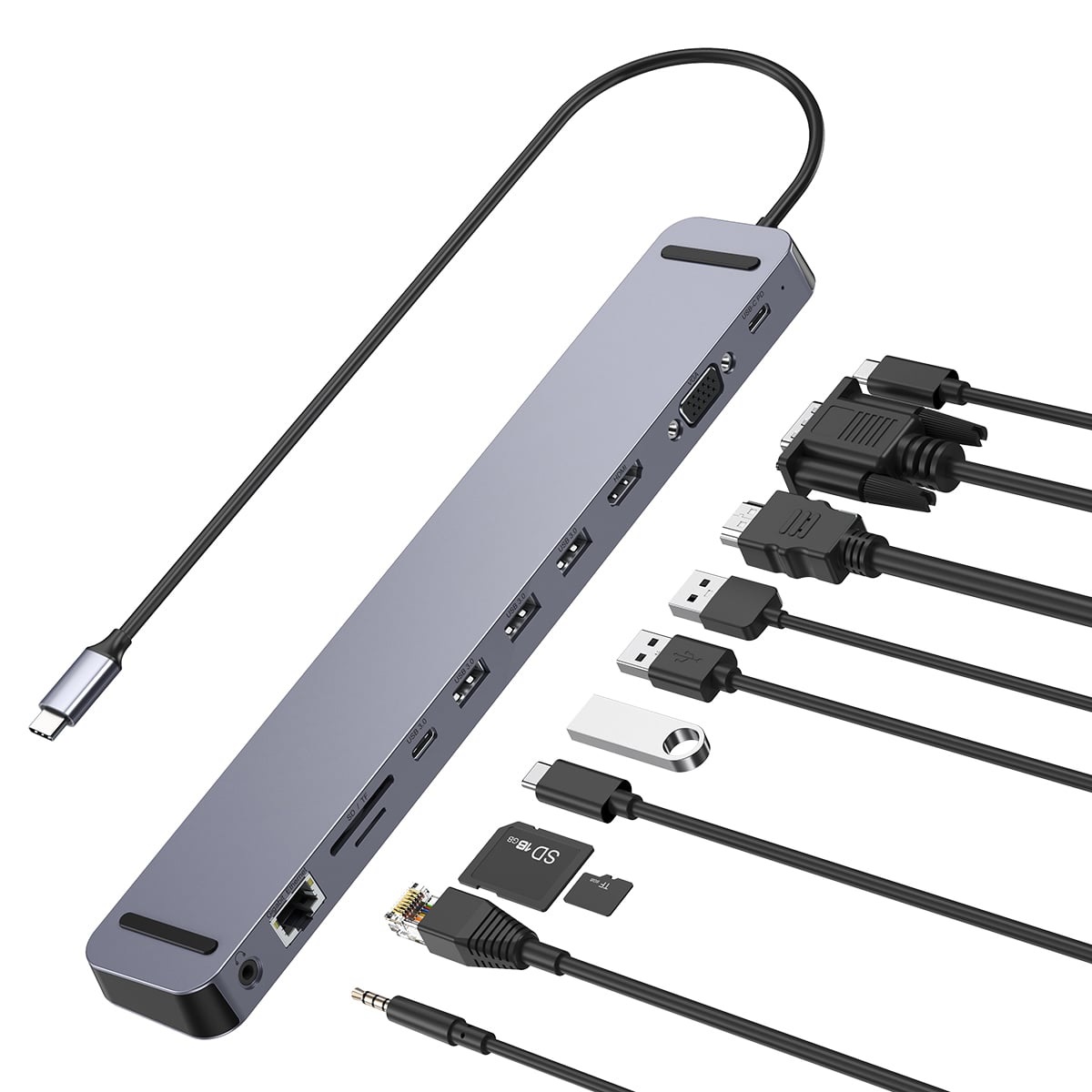 Hub chi cổng 100W PD Type-C DockSphere Pro Docking Station 11 in 1 cho Macbook/ Laptop Choetech M20 - HDMI 4K, VGA, PD 100W, RJ45 Gigabit, USB 3.0 5Gbps, SD/TF, AUX 3.5mm Vỏ nhôm, tối ưu tản nhiệt và có lớp chống trượt - Hàng nhập khẩu