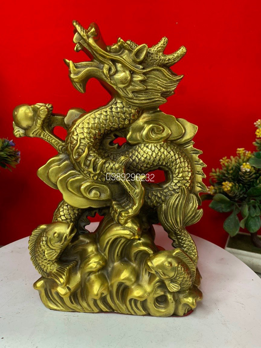 Tượng RỒng đế sóng mây cá bằng đồng vàng