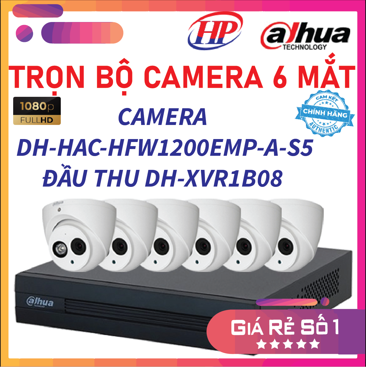 Trọn bộ 06 Camera HDCVI 2MP DAHUA DH-HAC-HDW1200EMP-A-S5 - Đầu thu 4 cổng DH-XVR1B08 đầy đủ phụ kiện, Hàng chính hãng