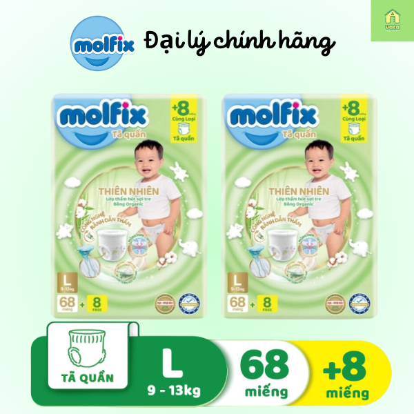 Combo 2 gói tã/bỉm quần Molfix thiên nhiên Super Jumbo size L68+8 Vaca Baby House