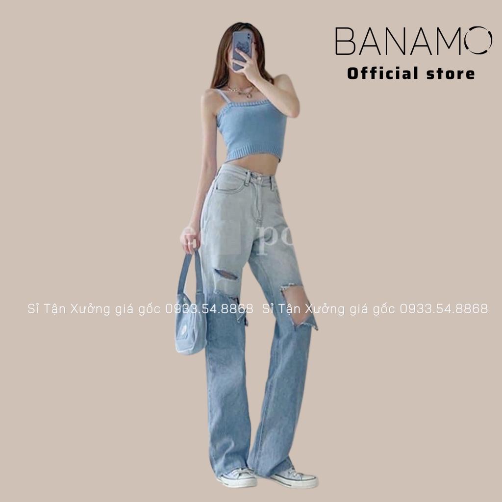 Quần jean nữ xuông rách gối loang màu đậm nhạt siêu đep thời trang Banamo Fashion bò xuông rách gối 9612