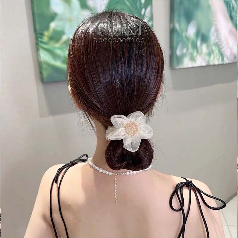 Dây cột tóc bông hoa vải voan nhũ kết đá siêu xinh - Culi accessories