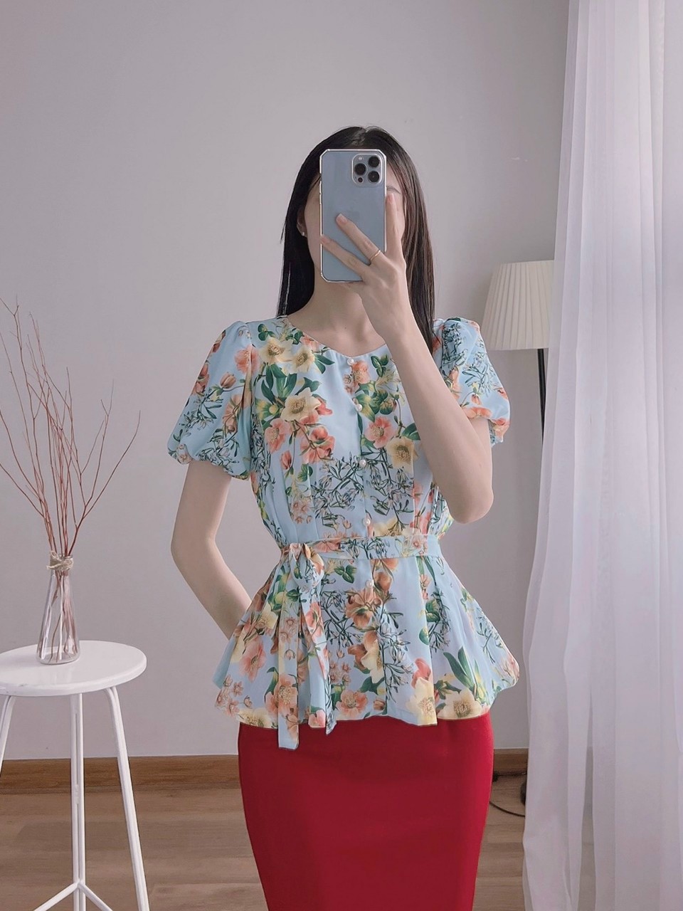 Hàng thiết kế - Áo kiểu peplum hoa lá cột eo xếp ly siêu xinh - A55145