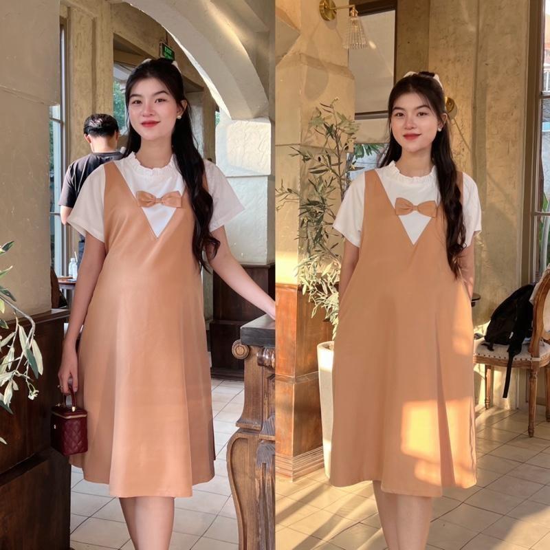 Đầm bầu yếm liền công sở cổ bèo tim đính nơ chất cotton lạnh mềm mịn dễ thương - Xanh rêu