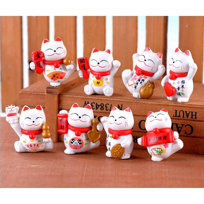 Bộ 08 mô hình mèo thần tài Maneki Neko cực xinh cho các bạn trang trí tiểu cảnh, xe hơi hay đơn giản là góc làm việc