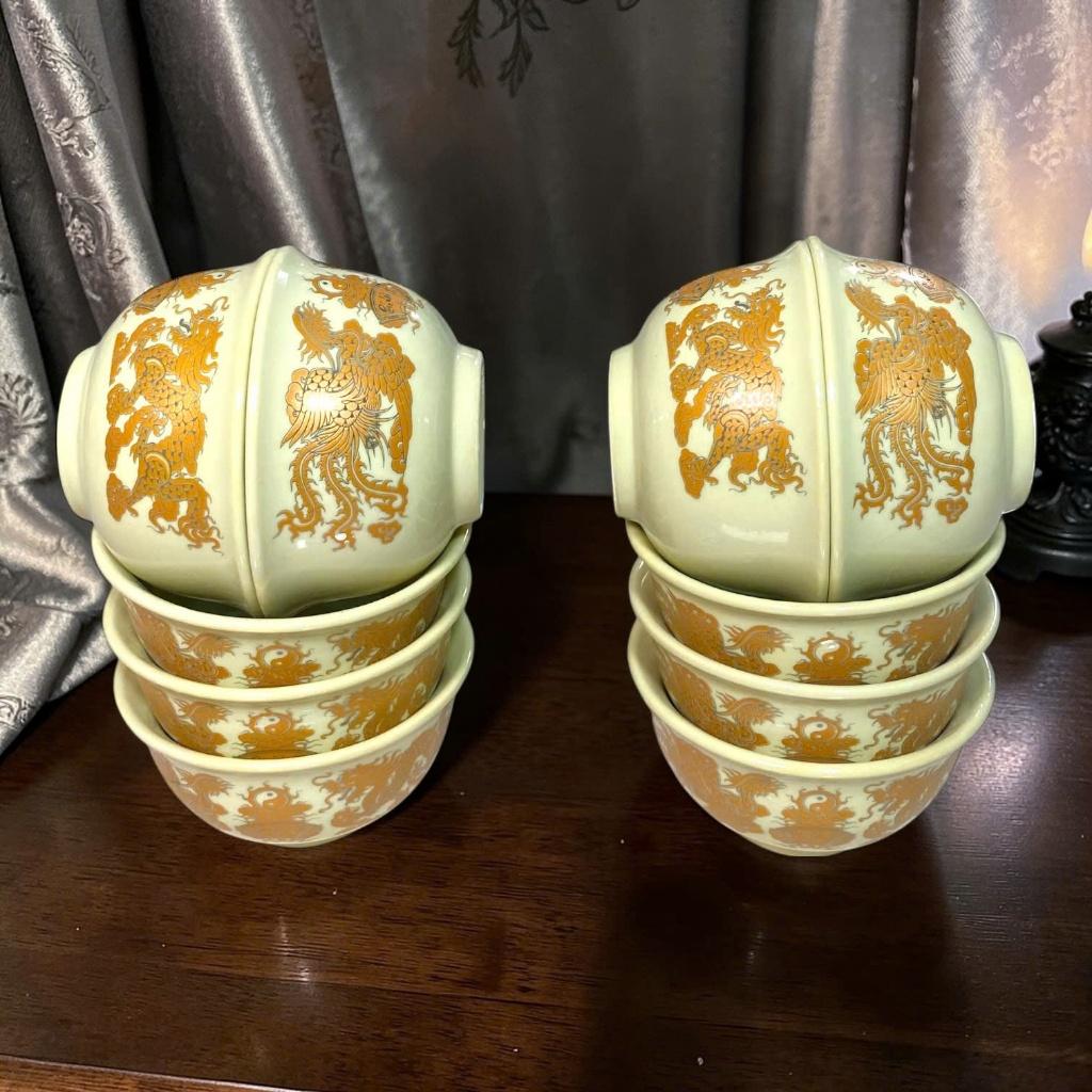 Bộ đồ thờ cao cấp men vàng ngà Phúc - Lộc - Thọ RỒNG VIỆT, gốm Bát Tràng cho gia tiên