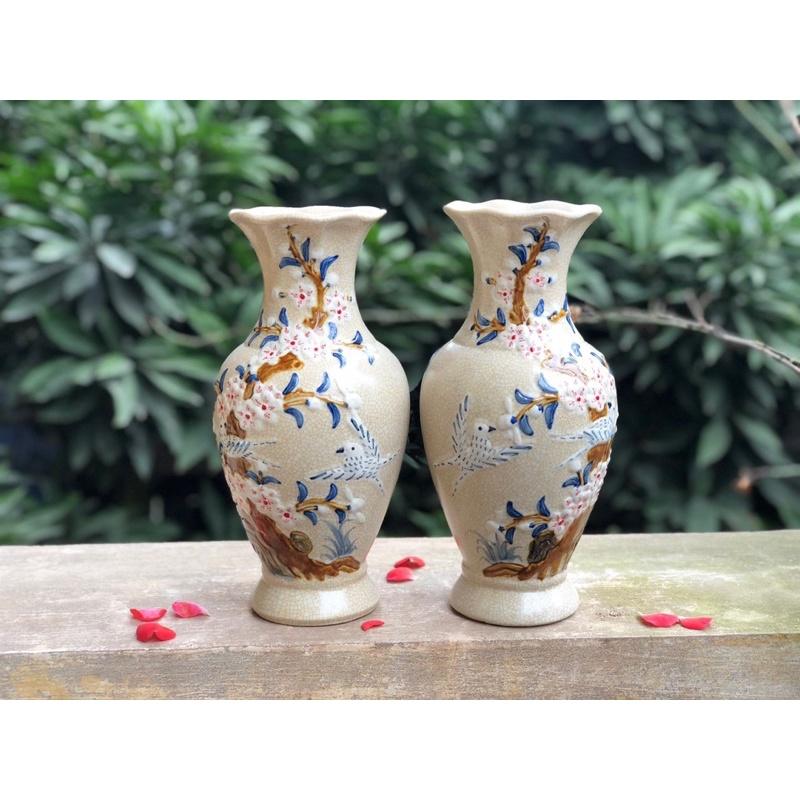 Set 2 lọ lục bình men rạn cổ, họa tiết đắp nổi thủ công"Mai- Đào". Gốm sứ Bát Tràng.