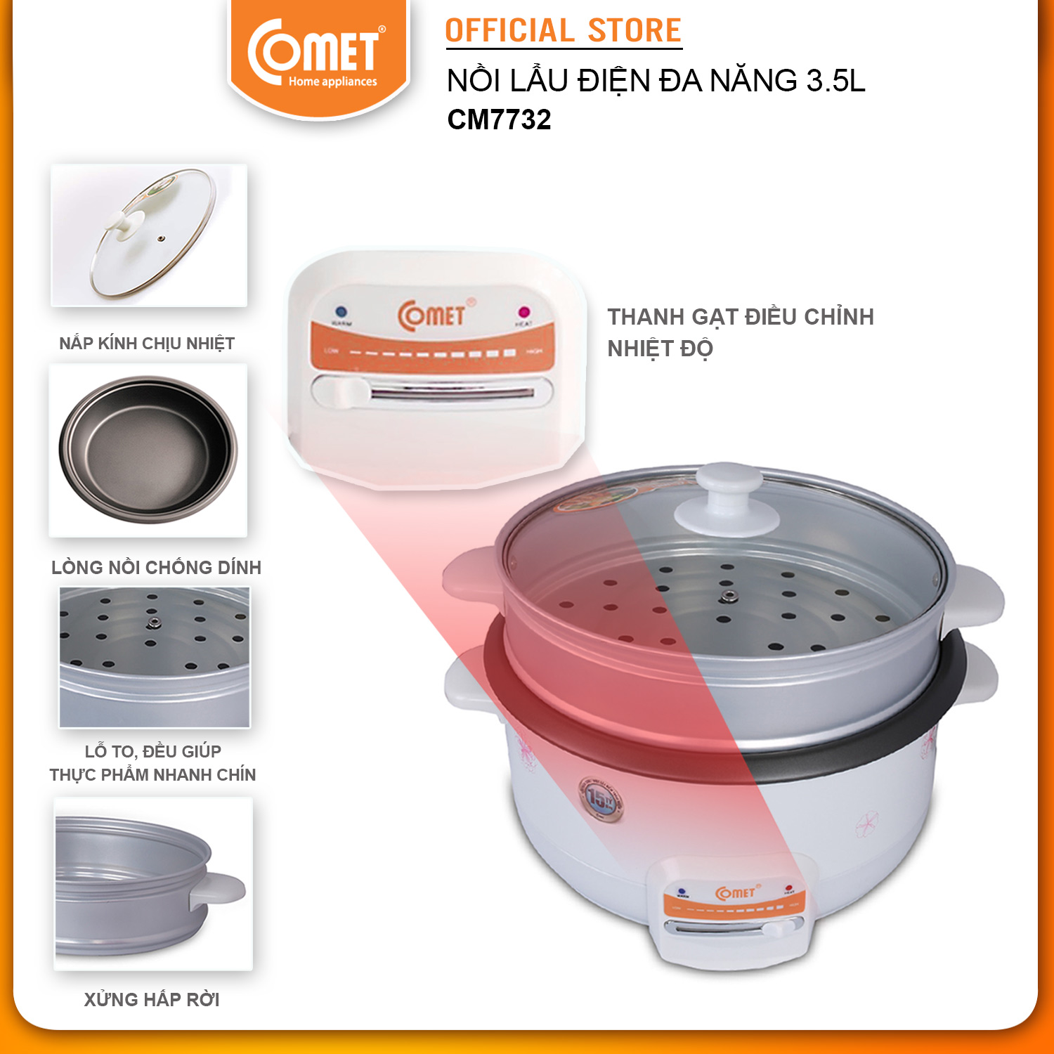 Lẩu Điện Comet CM7732 (3.5 Lít) - Hàng Chính Hãng