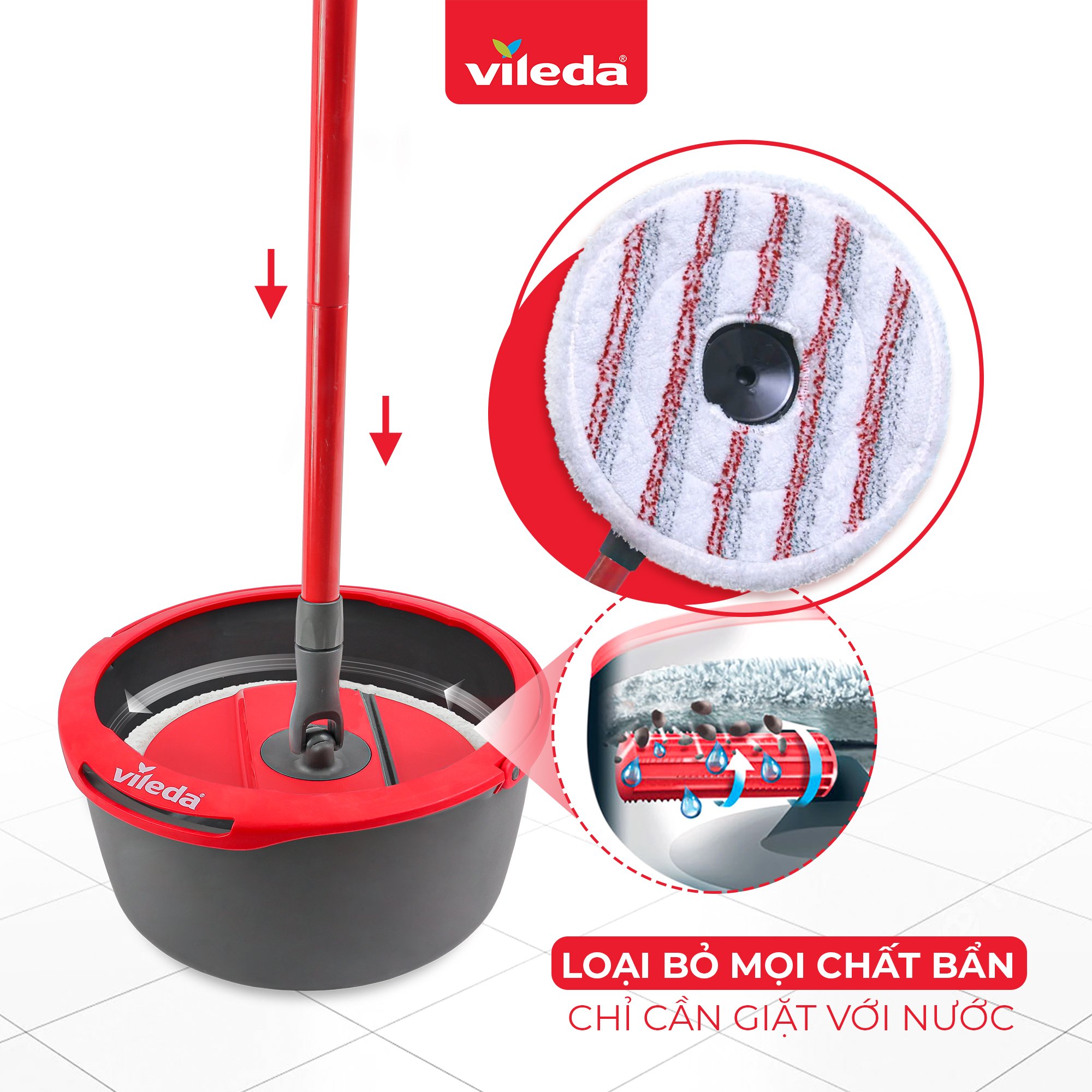 Cây lau nhà VILEDA Spin and Clean đầu lau đĩa tròn, kèm xô giặt xoay 360 độ