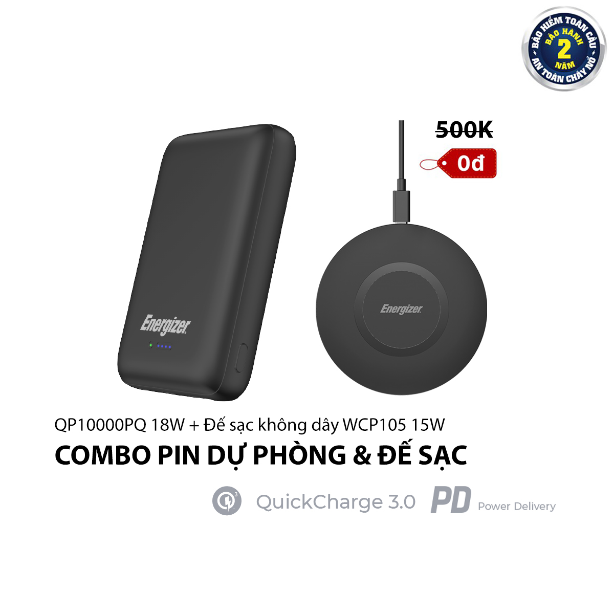 Combo Pin sạc dự phòng Energizer QP10000PQ + Đế sạc không dây Energizer  WCP105 - HÀNG CHÍNH HÃNG