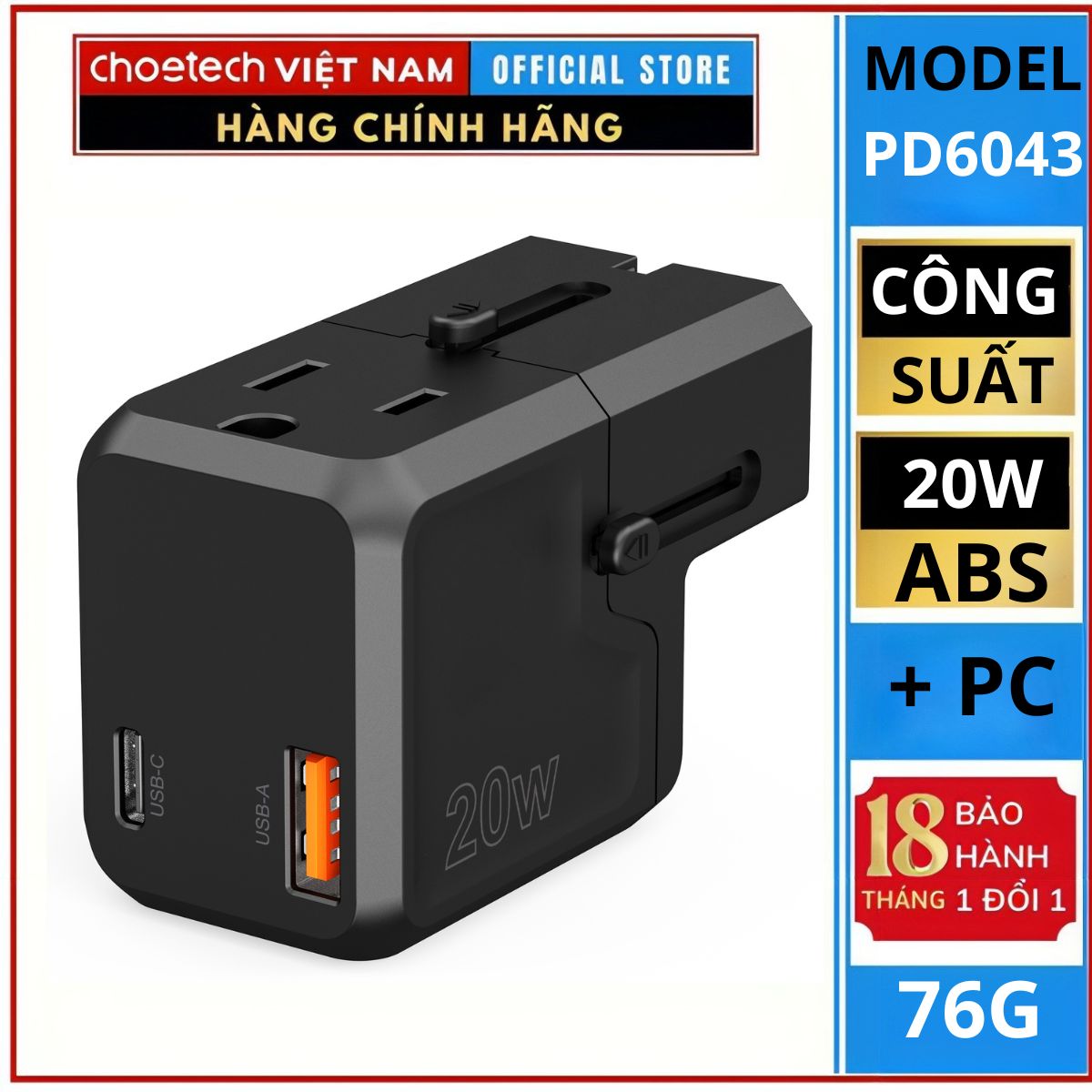 Củ sạc Choetech PD6043 du lịch đa năng 20w - Hàng chính hãng