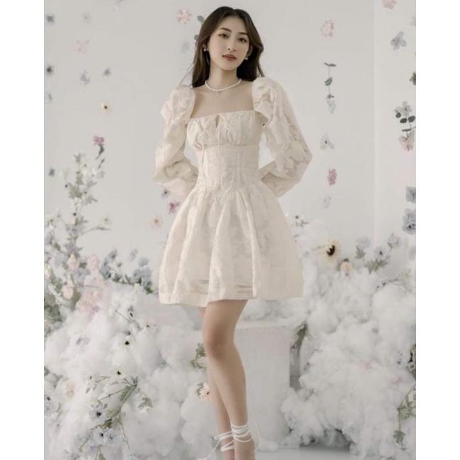 Đầm dự tiệc nữ dáng xòe tay dài bồng chất ren hoa xinh xắn Cindre Dress