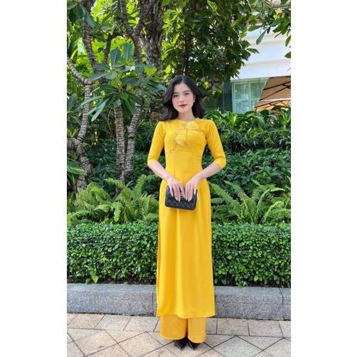 SÉT ÁO DÀI LỤA TRUYỀN THỐNG TAY PHỒNG KẾT HOA XINH XẮN