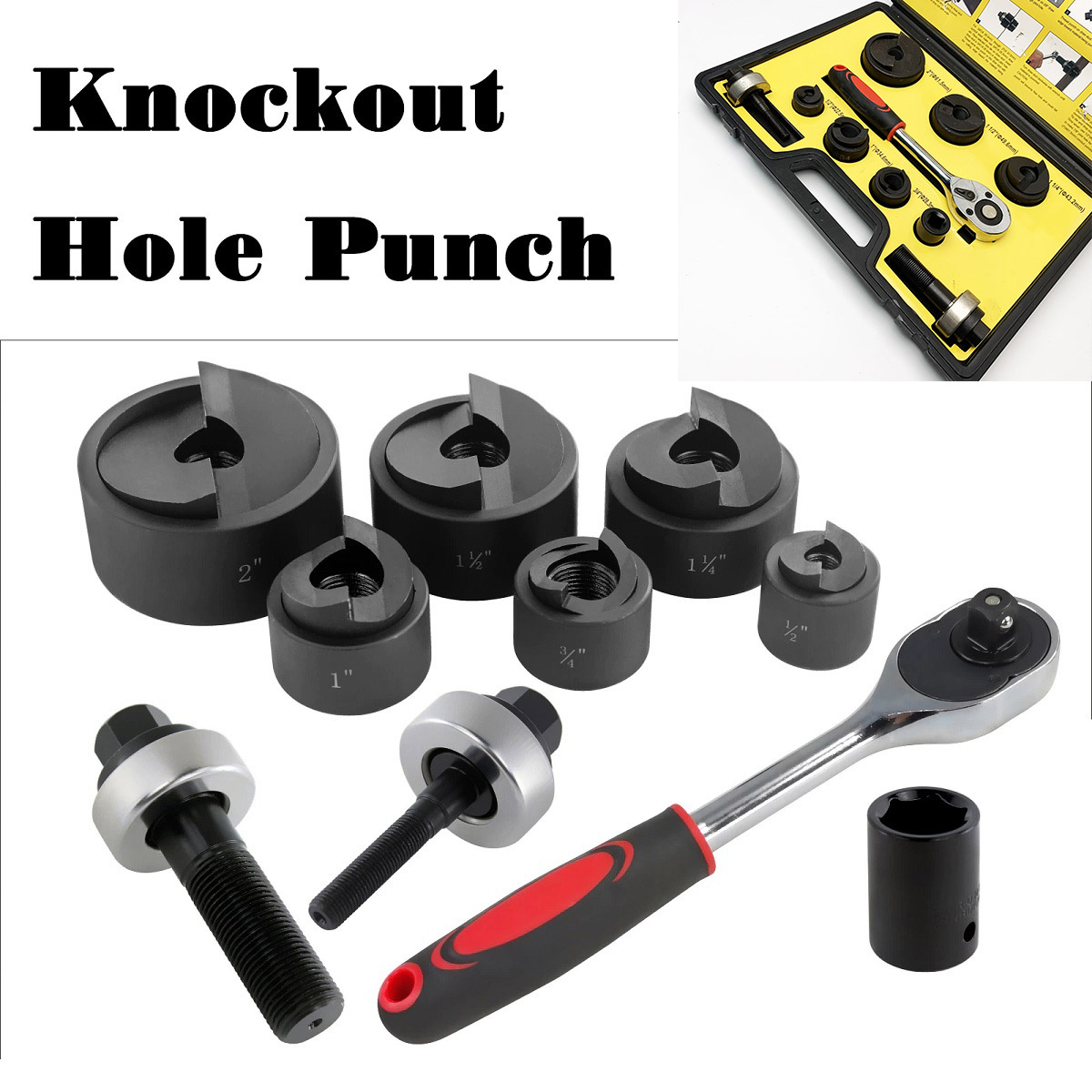 Bộ kít đục, khoét tôn 10 chi tiết với 7 bộ đầu khoét từ 1/2"-2", tay siết lực tự động