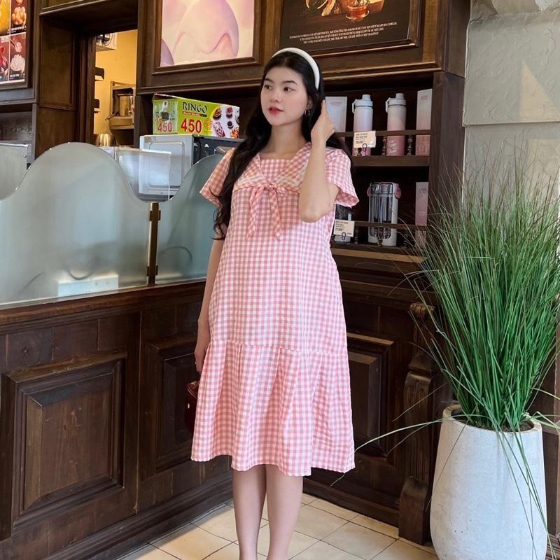 Đầm bầu đuôi cá cổ thuỷ thủ phối viền ren chất Cotton Hàn Váy bầu năng động - Hồng
