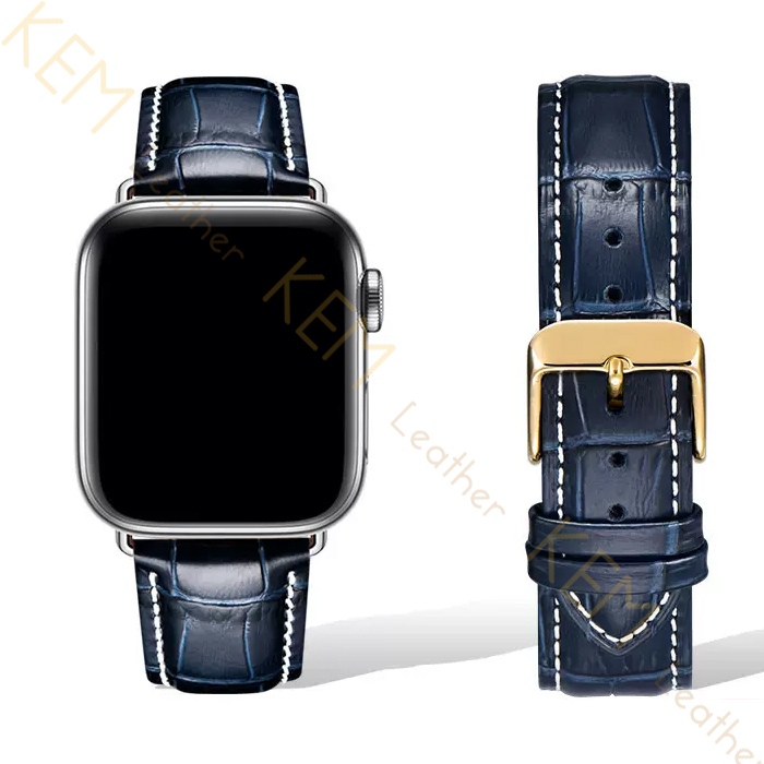 Dây Đồng Hồ Thay Thế Dành Cho Apple Watch 48 Ultra 45/44/42mm - 41/40/38mm, Chất Liệu Da Cá Sấu Cao Cấp Màu Xanh Navy May Thủ Công Chỉ Trắng Tương Thích Các Phiên Bản Series 8/7/6/5/4/3/2/1/SE Bảo Hành 12 Tháng