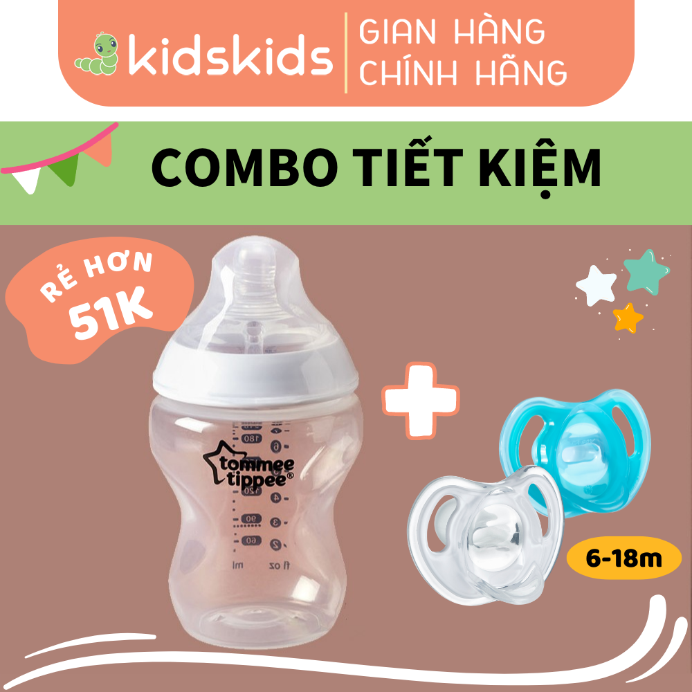 COMBO Ty ngậm silicon siêu nhẹ cho bé Tommee Tippee Ultra Light &amp; Bình sữa ty siêu mềm tự nhiên 260ml