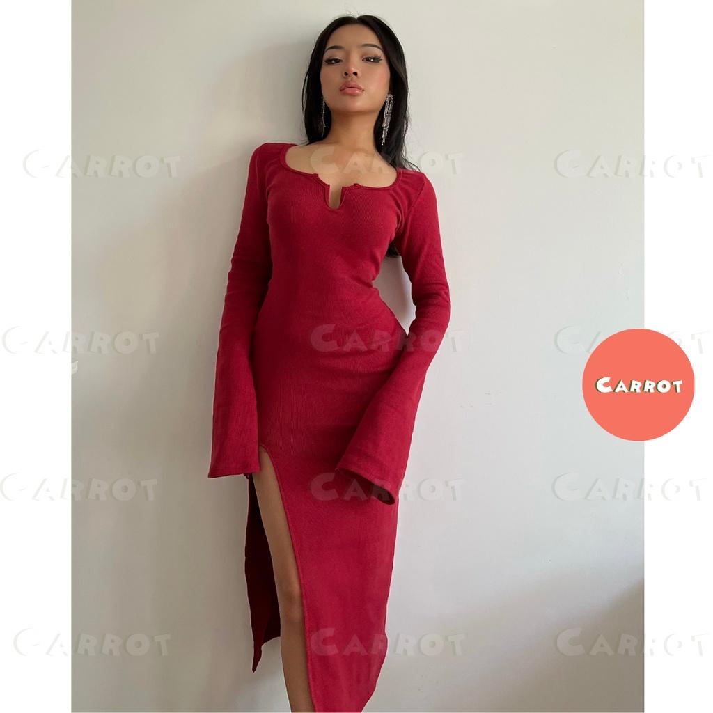 Đầm body tay dài đỏ đi tiệc sang chảnh tôn dáng khoét ngực sexy freesize chất co gĩan carrotxinhdep (60)