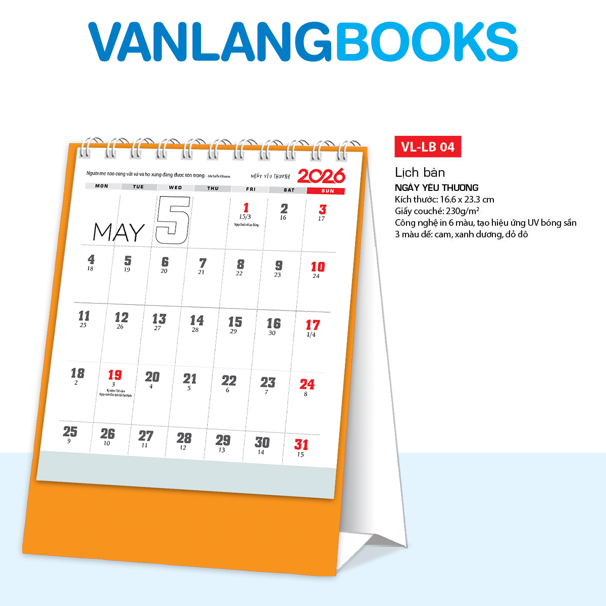 Lịch Bàn 2026 – Ngày Yêu Thương | Lịch Để Bàn Vanlangbooks |  (Mã: VLLB04B) - Màu Cam