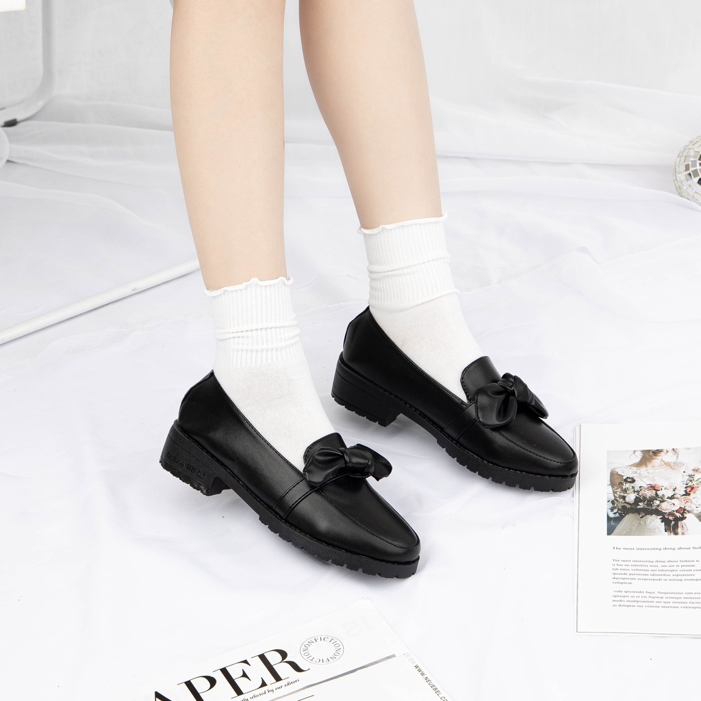 Giày Oxford Nữ MWC Búp Bê Thời Trang Vintage Ulzzang Đế Cao Đính Nơ Màu Đen NUOX- H001