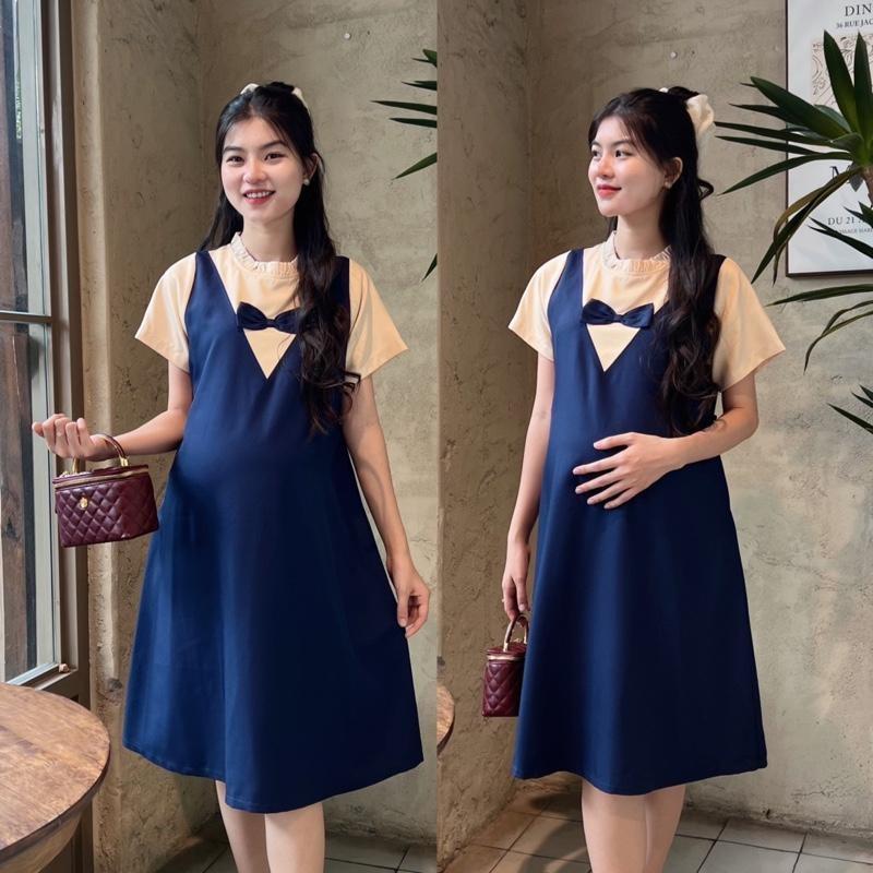 Đầm bầu yếm liền công sở cổ bèo tim đính nơ chất cotton lạnh mềm mịn dễ thương - Xanh rêu