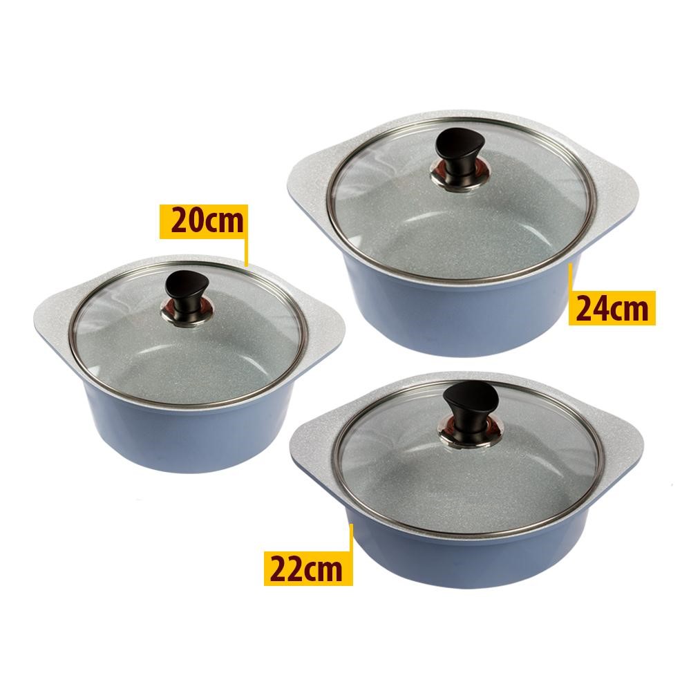 Bộ 3 nồi đúc ceramic cao cấp 2 tay cầm (20 – 22 –  24cm) tặng 1 cặp nhấc nồi sillicon (màu ngẫu nhiên)