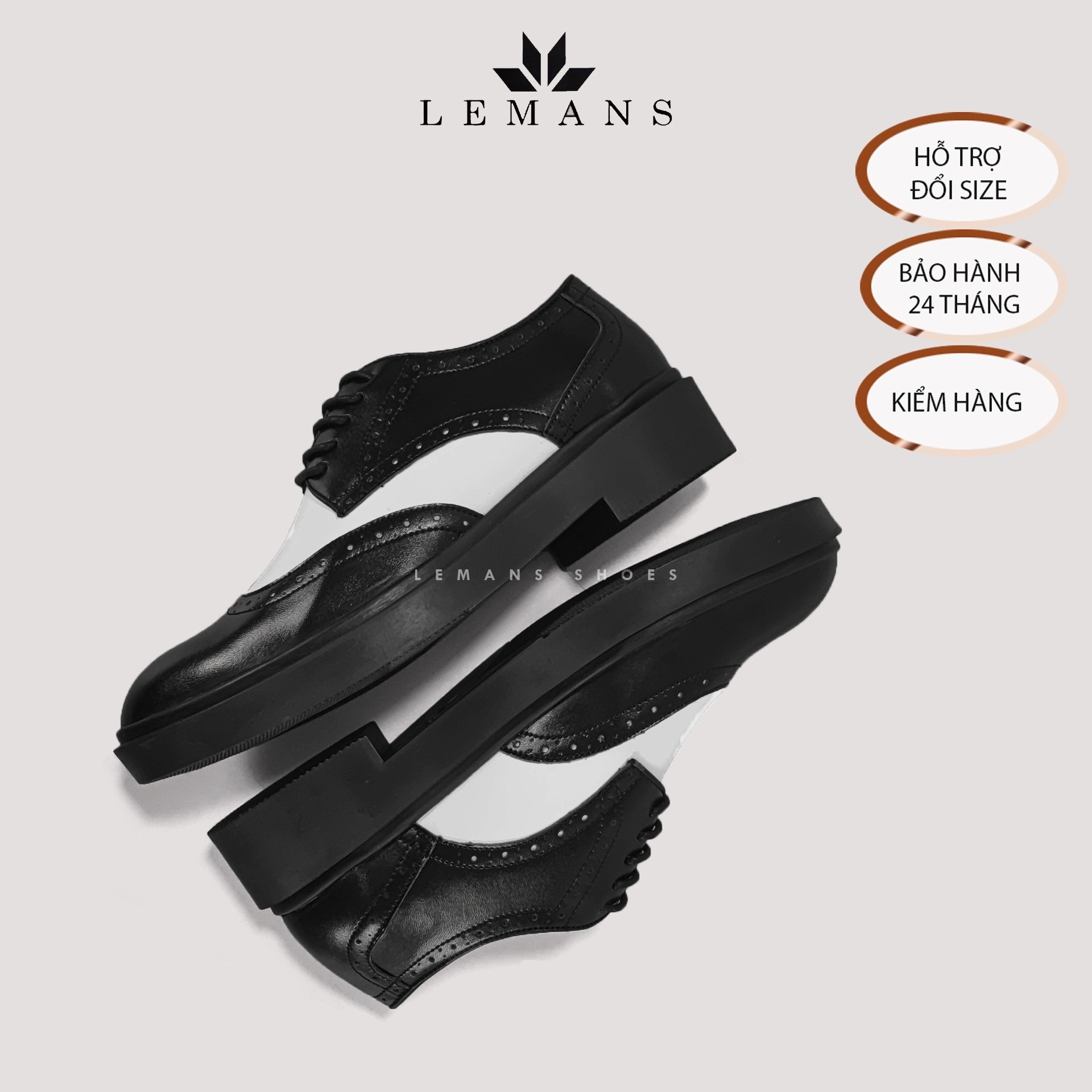 Giày da bò Derby Wingtip LEMANS Black White, đế tăng cao lemans 4cm Bảo Hành 24 Tháng, thiết kế độc quyền