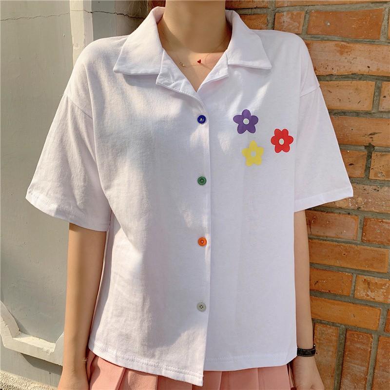 Áo sơ mi tay ngắn họa tiết in hoa cổ bẻ sang trọng cho nữ