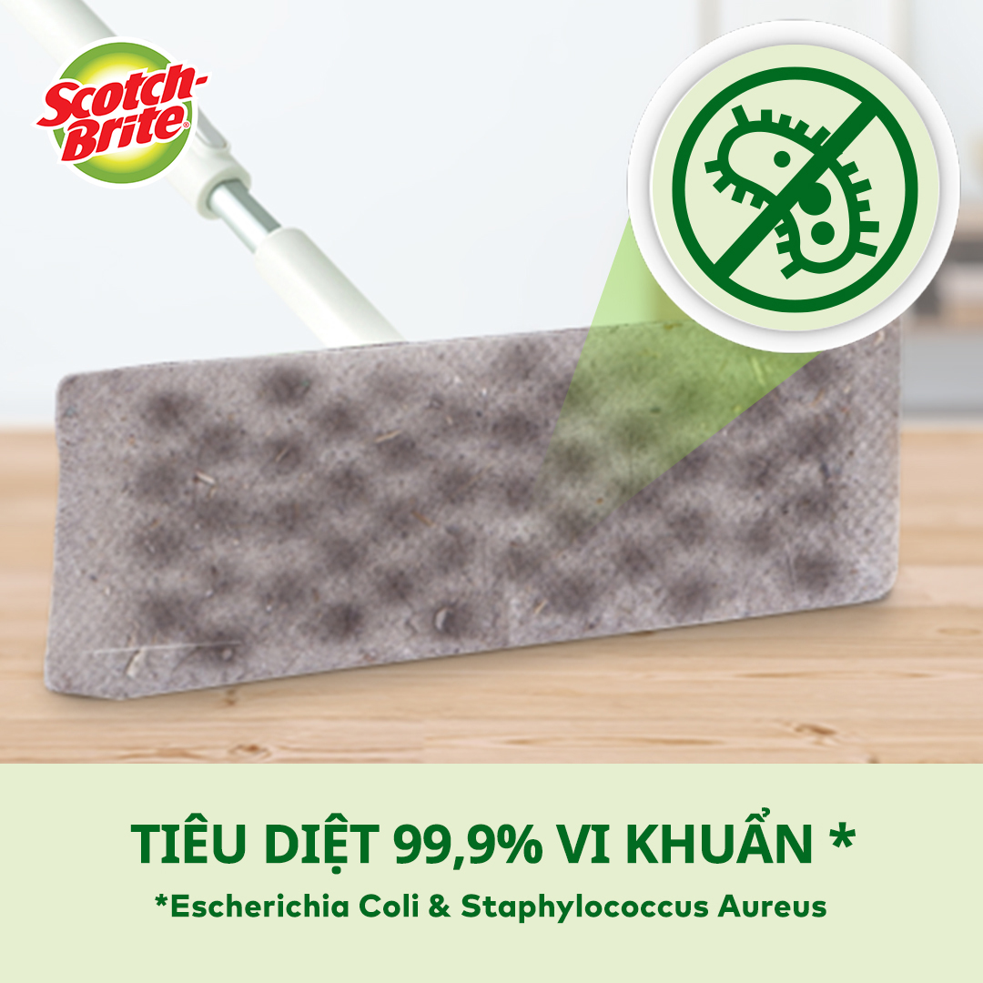 Khăn ướt thay thế cây lau siêu tốc Scotch Brite 3M, 28 cm x 21cm, 8 miếng/gói, kháng khuẩn 99,9%, hương trà xanh thơm mát, tĩnh điện giúp hút và giữ bụi bẩn, tóc,… , phù hợp với nhiều bề mặt