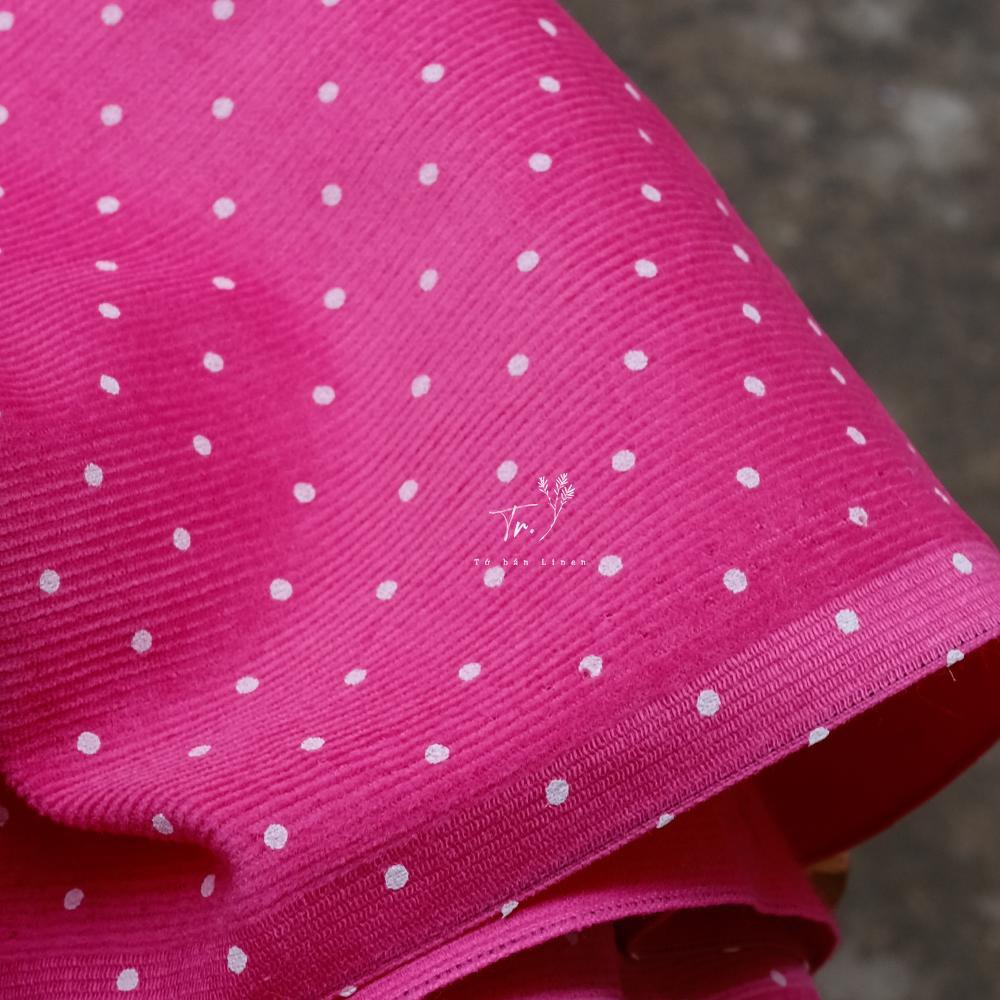 Vải Linen Hàn Quốc - nhung tăm chấm bi hồng