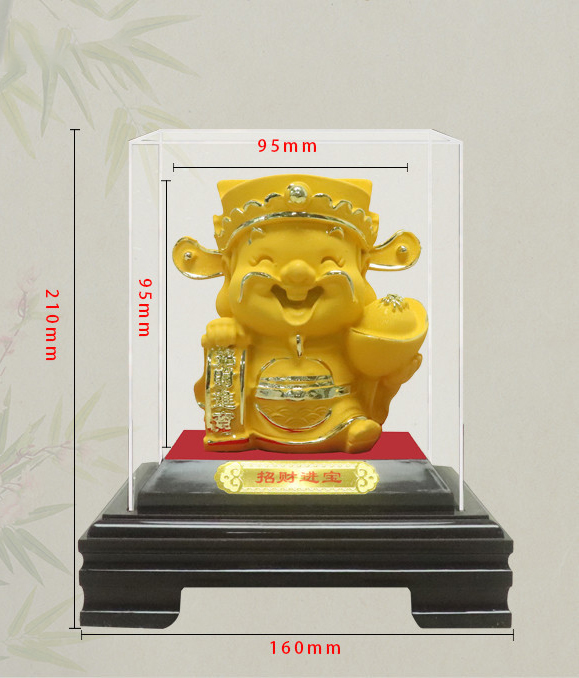 Tượng Thần Tài phủ cát may mắn trong lồng kính mica