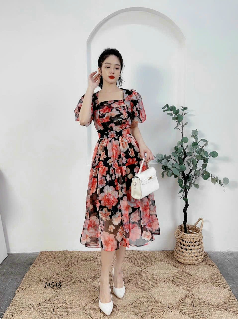 Đầm váy nữ hoa voan 2 lớp cổ vuông dự tiệc đám cưới công việc hồng vàng đỏ sang trọng