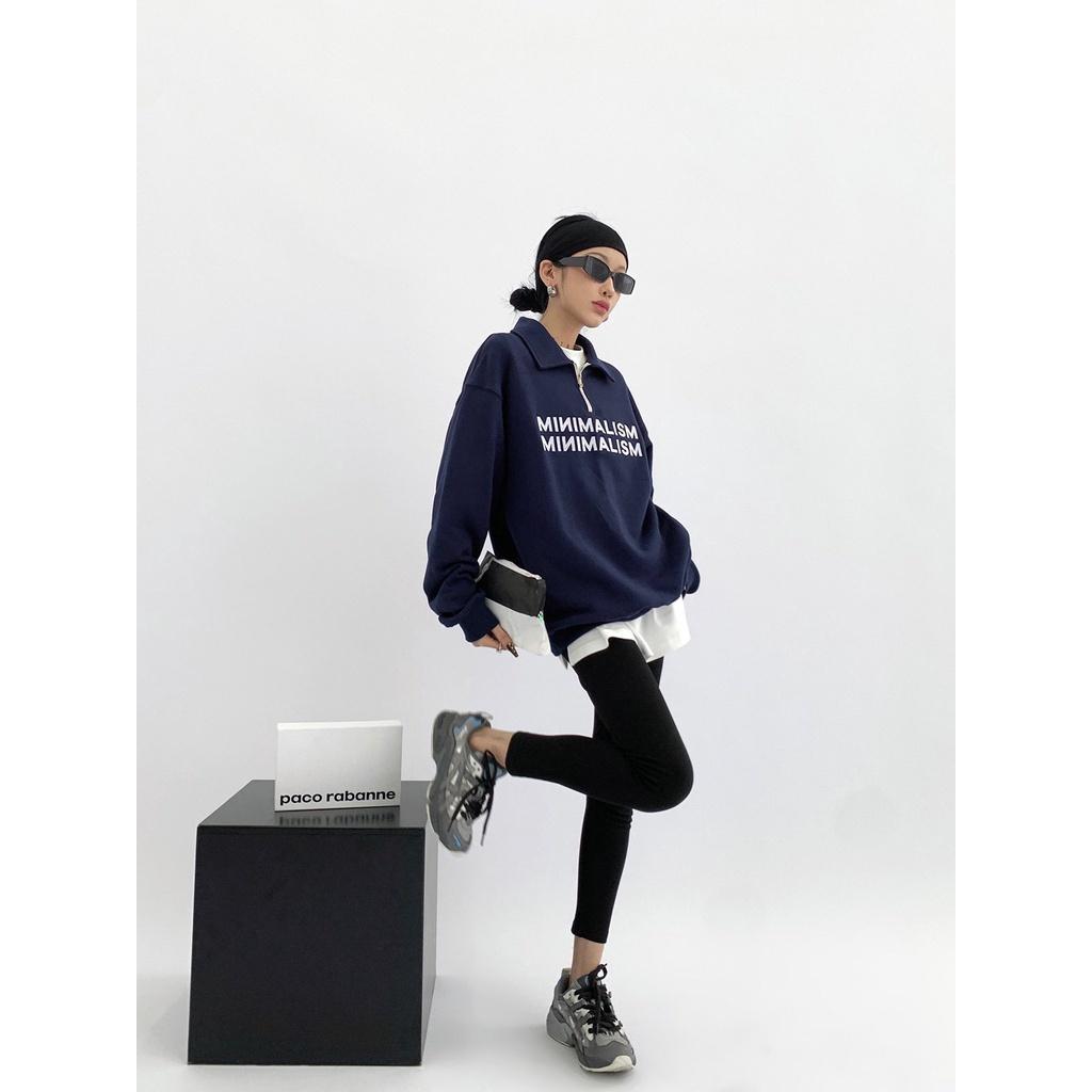 Áo Sweater Zip Gân Cổ Cao Thêu Chữ MINIMALISM Dáng Rộng