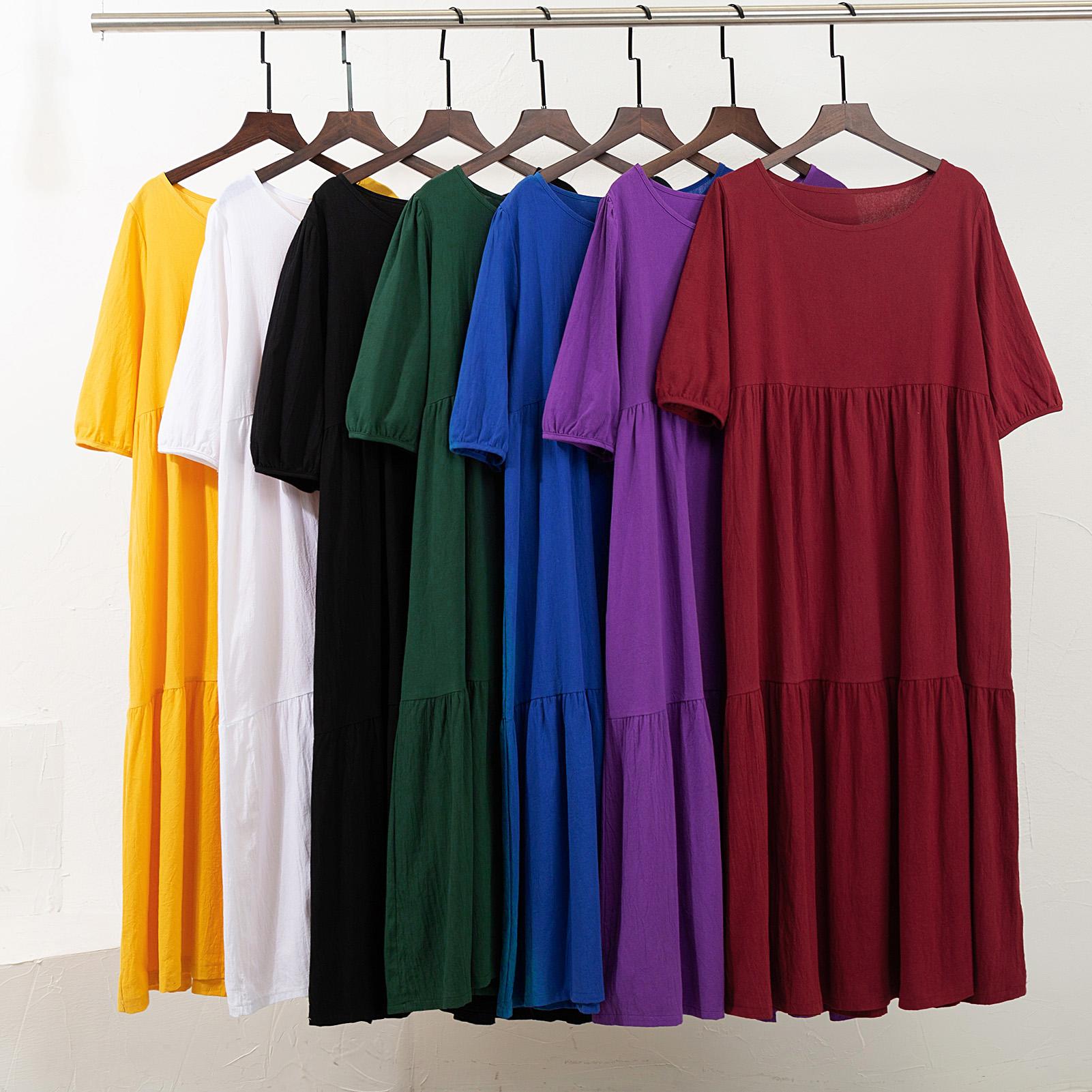 Fashion Women Solid Color Dress O Neck Short Sleeve Plus Size Loose Casual Summer Beach Sundress