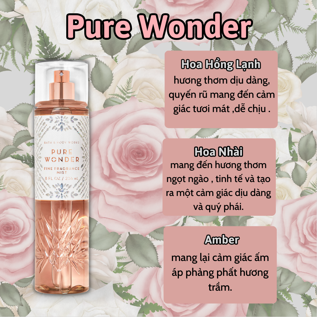 Body Mist Bath And Body Works Nam Nữ Chính Hãng Pure Wonder, Xịt Thơm Body Toàn Thân Hương Nước Hoa 236ml