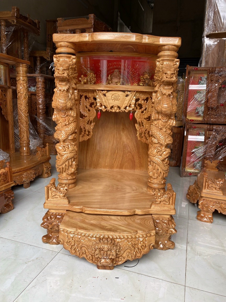 Bàn thờ thần tài ông địa rồng phun lửa gỗ gõ đỏ ngang 60-70 cm