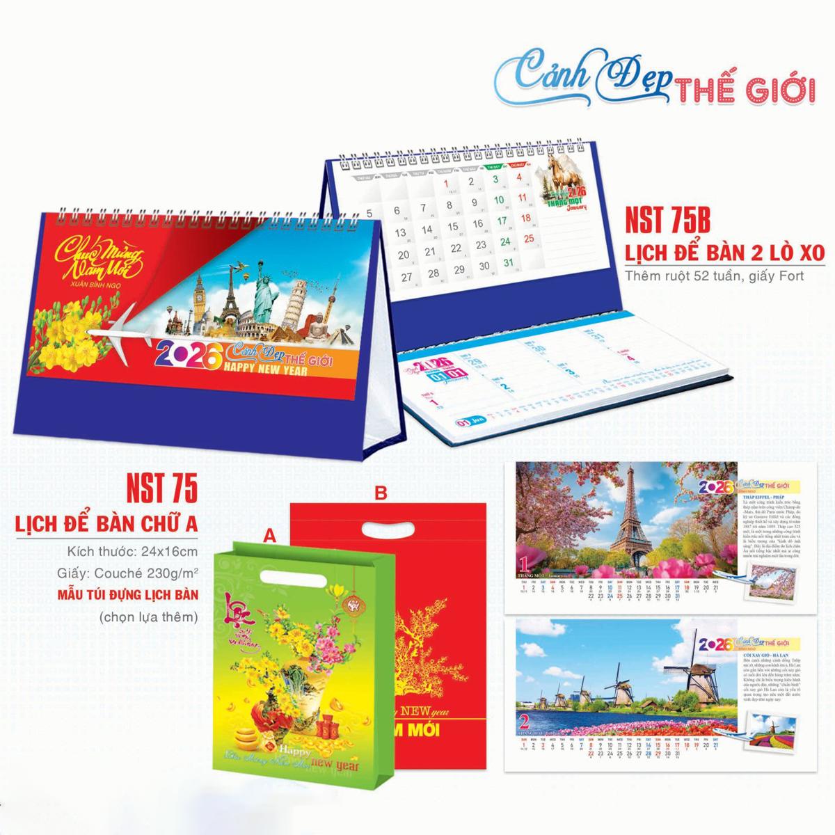 Lịch Để Bàn 2 Lò Xo - Cảnh Đẹp Thế Giới - NST 75B