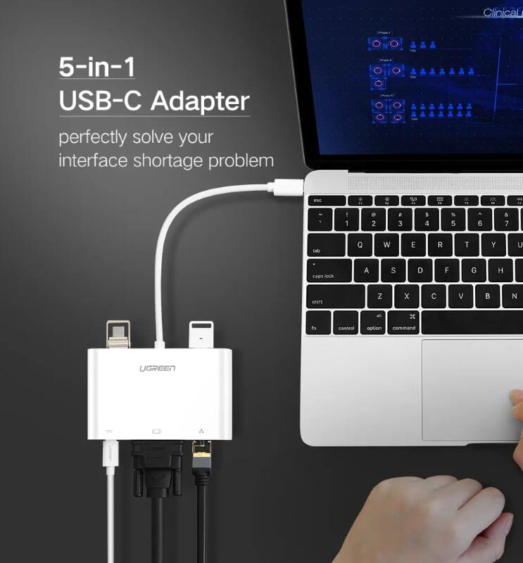 Ugreen UG30439US182TK Bộ chuyển đổi TYPE C sang USB 3.0 + USB 2.0 + VGA + LAN + hỗ trợ nguồn TYPE C - HÀNG CHÍNH HÃNG