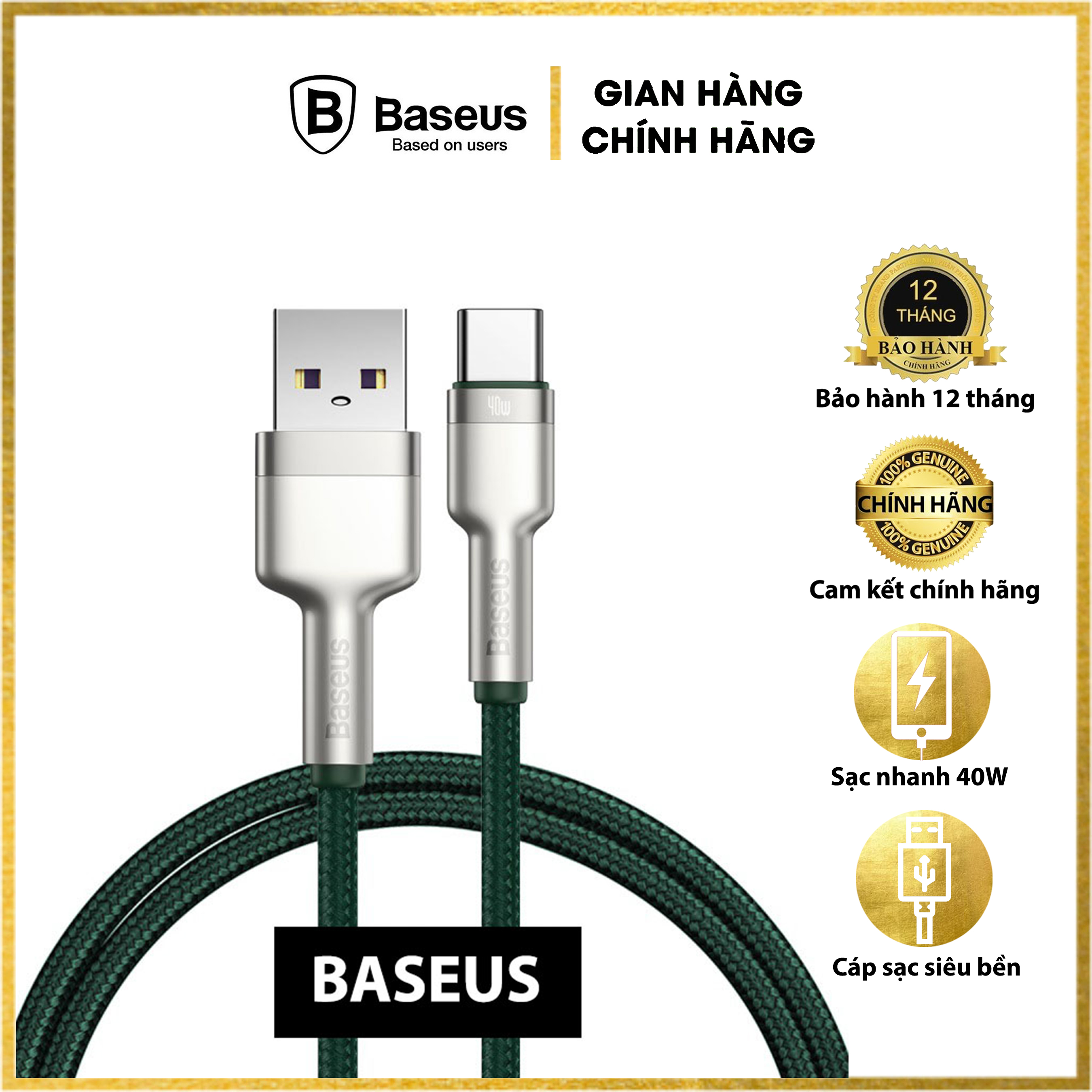 Dây sạc nhanh Baseus 40W Type C, Cáp sạc nhanh Baseus PD 40W Metal Charging Cables USB To Type-C Charger Data Line - Hàng chính hãng