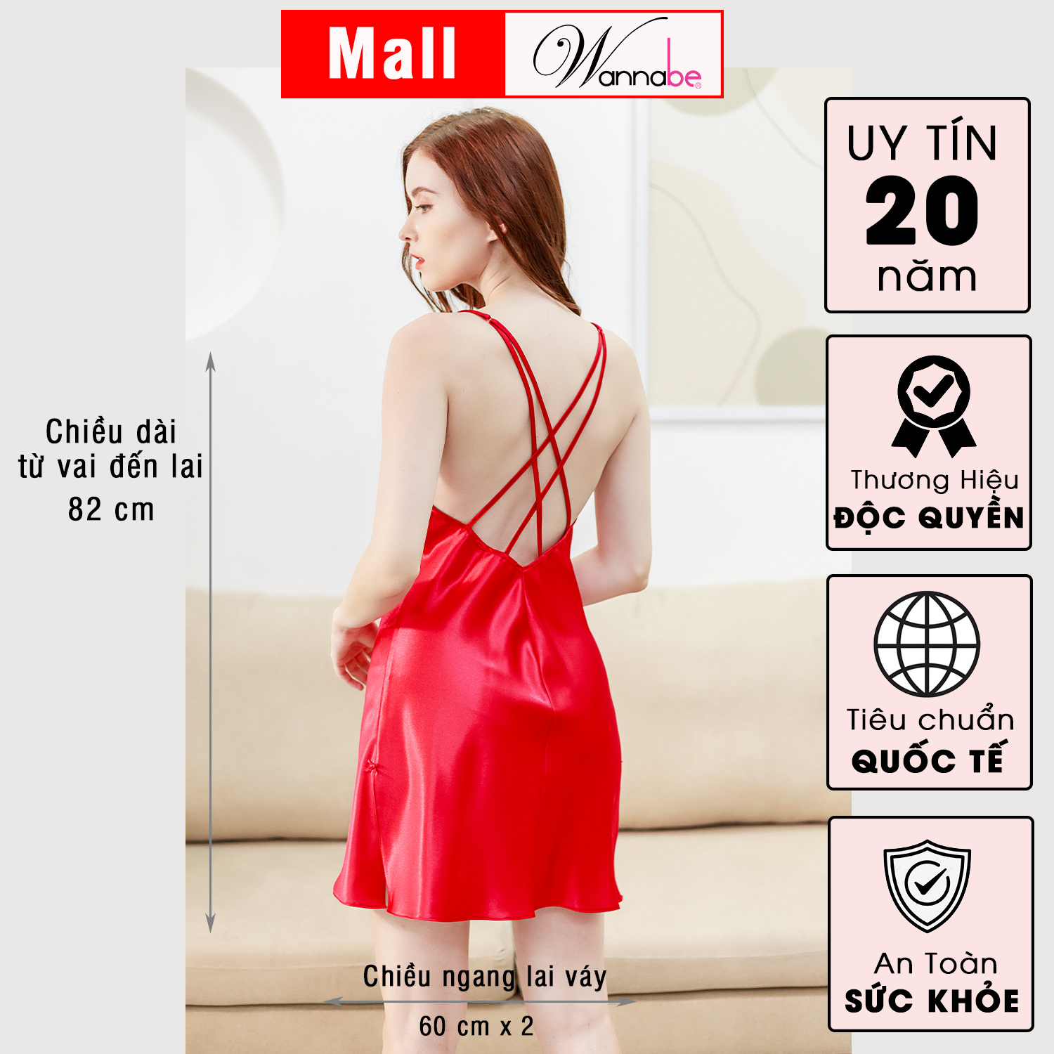 Đầm ngủ WANNABE DNS31 váy ngủ lụa 2 dây, cổ đổ sang trọng, 4 dây lưng đan chéo quyến rũ ánh nhìn người đối diện