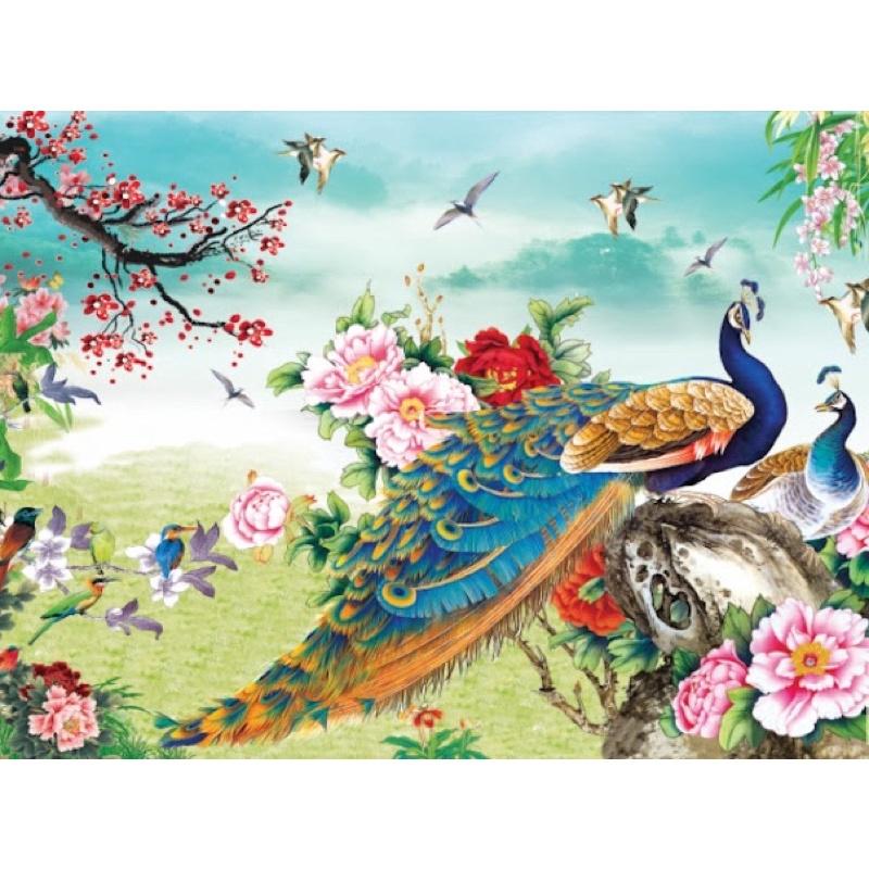 Tranh dán tường chim công hoa mẫu đơn 3d. tranh in vải lụa KT 120x80 cm. nhận in kích thước theo yêu cầu zalo 0989685926
