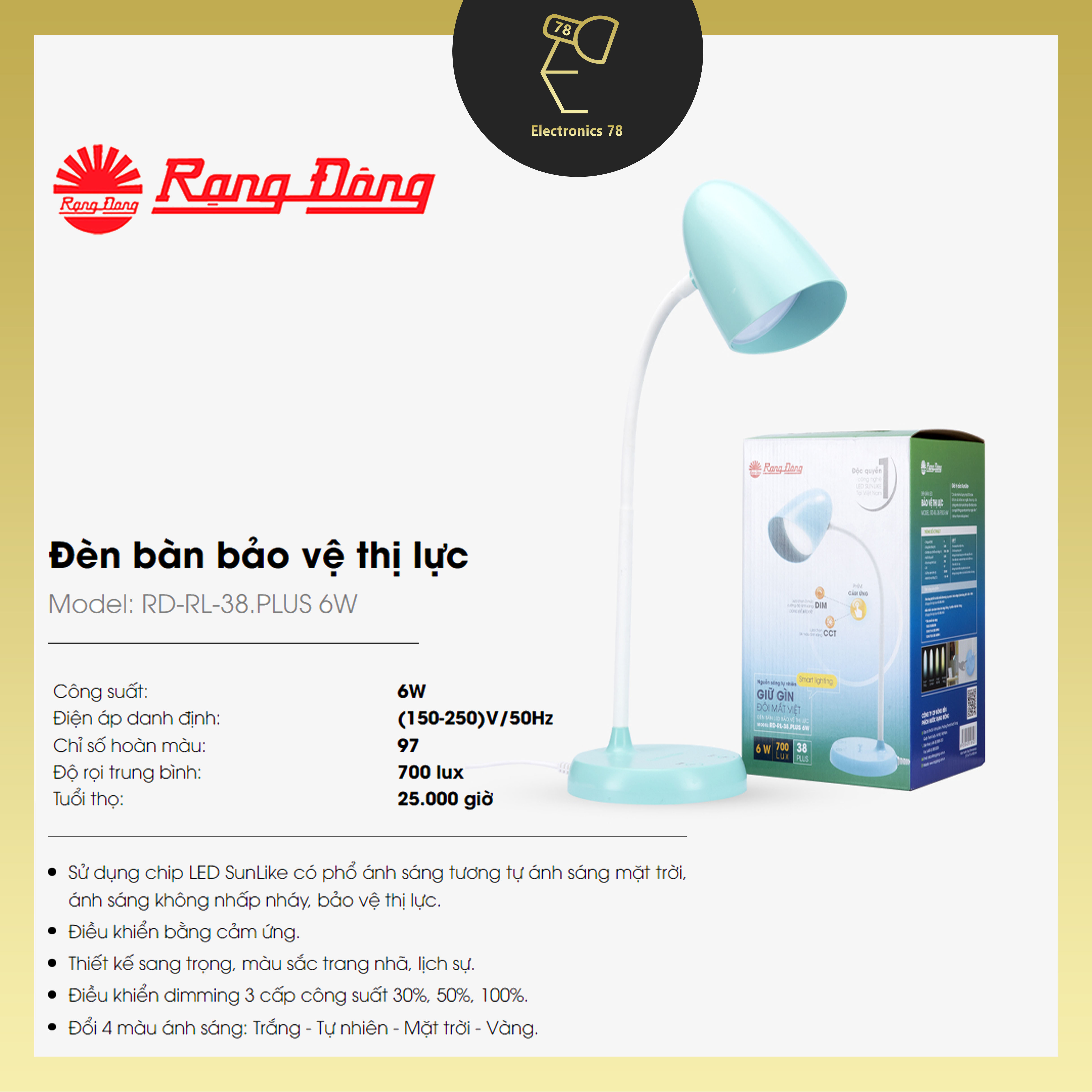 Đèn bàn Led cảm ứng ánh sáng đổi màu Rạng Đông (RD_RL_38 Plus)