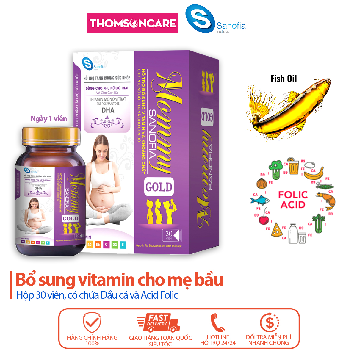 Vitamin tổng hợp cho bà bầu Mommy Gold Sanofia  - Giúp bà bầu khỏe mạnh, thai nhi phát triển toàn diện - Hộp 30 viên Thomsoncare