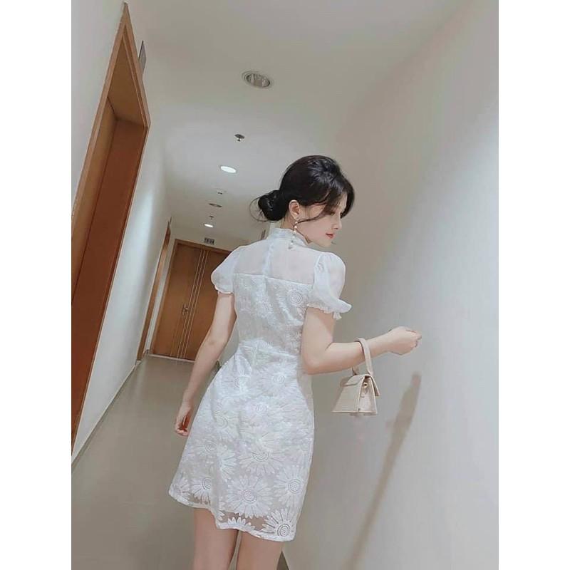 Đầm tay bồng ren phối voan cột nơ cổ đi chơi, đám cưới, du lịch TKN