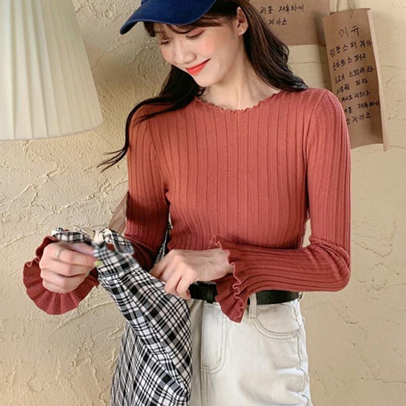 Áo Dệt Kim Tay Dài Cổ Tròn Thiết Kế Màu Trơn Thanh Lịch