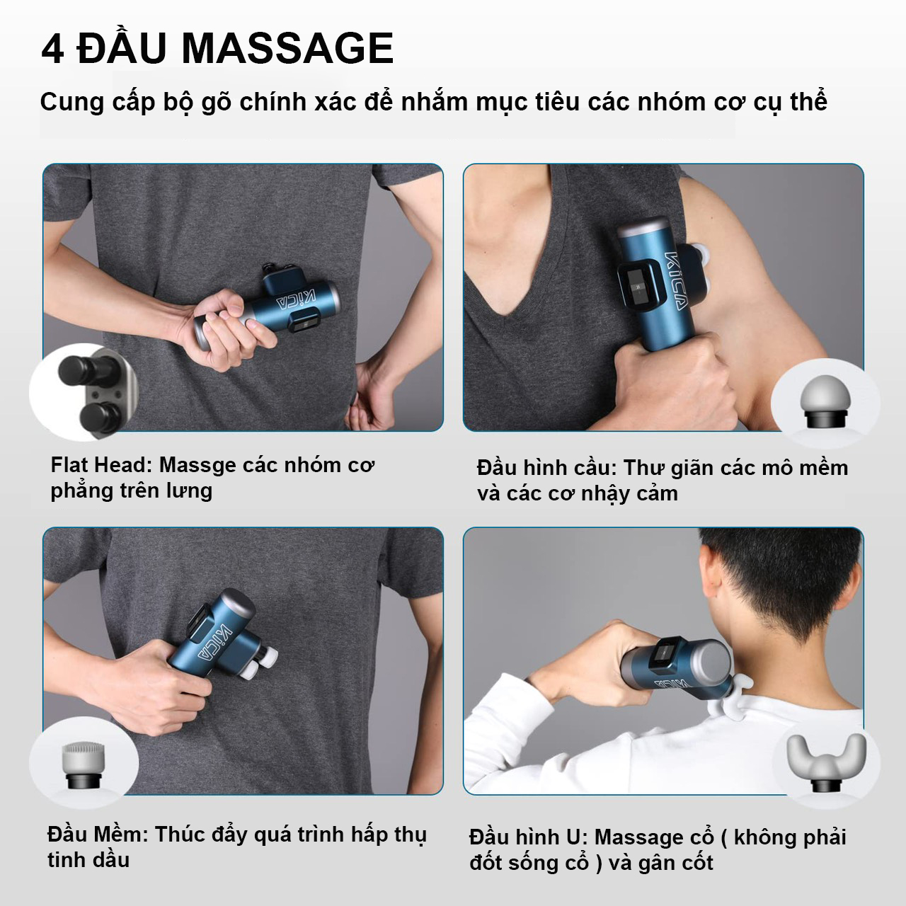 Súng Massaga Cầm Tay Kica PRO, Máy Mát Xa Toàn Thân Với 2 Đầu Kép và 6 Đầu Thay Thế và 10 Cấp Độ Hỗ Trợ Mát Xa Chuyên Sâu, Giảm Đau Cơ, Cứng Khớp - Hàng chính hãng